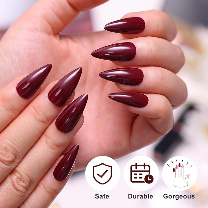 morily 24Pcs Wine Red Press on Nails Medium Length Stiletto False Nails Long Fake nails Glossy Acrylic Stick on Nails Solid Color Almond Full Cover Artificial Nails for Women (Wine Red)