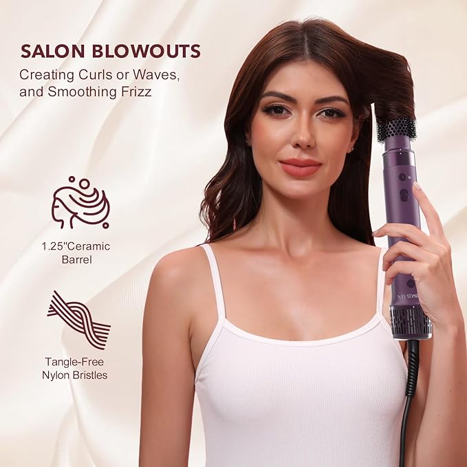 Mythsight StyleVibe 6-in-1 Air Styler, Hair Dryer & Blow Dryer Brush with Travel Case - Auto Wrap Curls (L/R), Fast Drying, Thermal Round Brush for Smooth Blowouts & Frizz-Free Volume, No Heat Damage