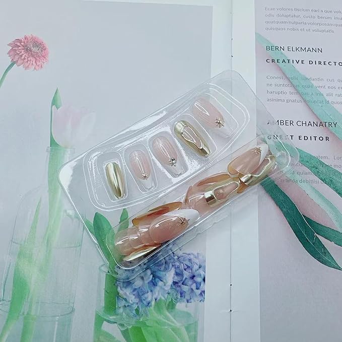 BSBTBZ White French Press on Nails Almond Chrome Gold False Nails with Star Rhinestones Nail Charms Designs Acrylic Nude Full Over Stick on Nails Glossy Artificial Nails for Women Manicure
