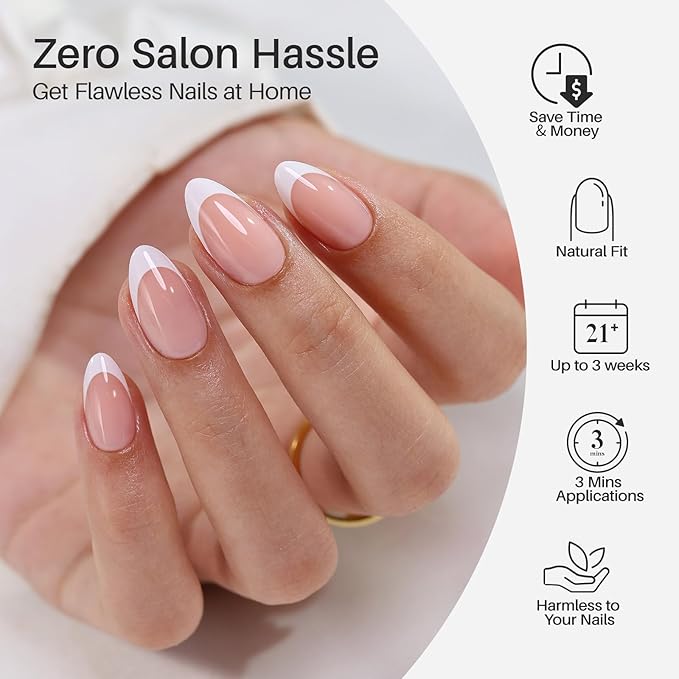 SHANGMENG White French Tip Press on Nails Short - Soft Gel Almond Nails for Women Gift, Fit Perfectly & Natural Glue on Nails in 16 Sizes - 32 Reusable Fake Nails with Glue, French White