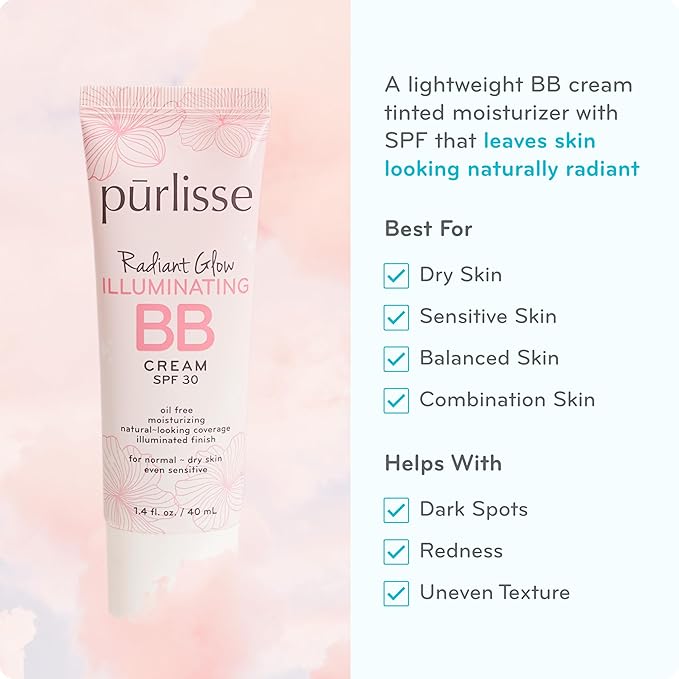 pūrlisse Radiant Glow Illuminating BB Cream with SPF 30 - Glow BB Cream Enriched with Goji & Hawthorn Berry for Dewy Skin - Helps to Improve Skin Texture & Radiance - Medium (1.4 oz)