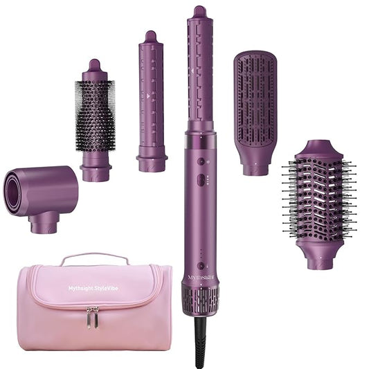 Mythsight StyleVibe 6-in-1 Air Styler, Hair Dryer & Blow Dryer Brush with Travel Case - Auto Wrap Curls (L/R), Fast Drying, Thermal Round Brush for Smooth Blowouts & Frizz-Free Volume, No Heat Damage