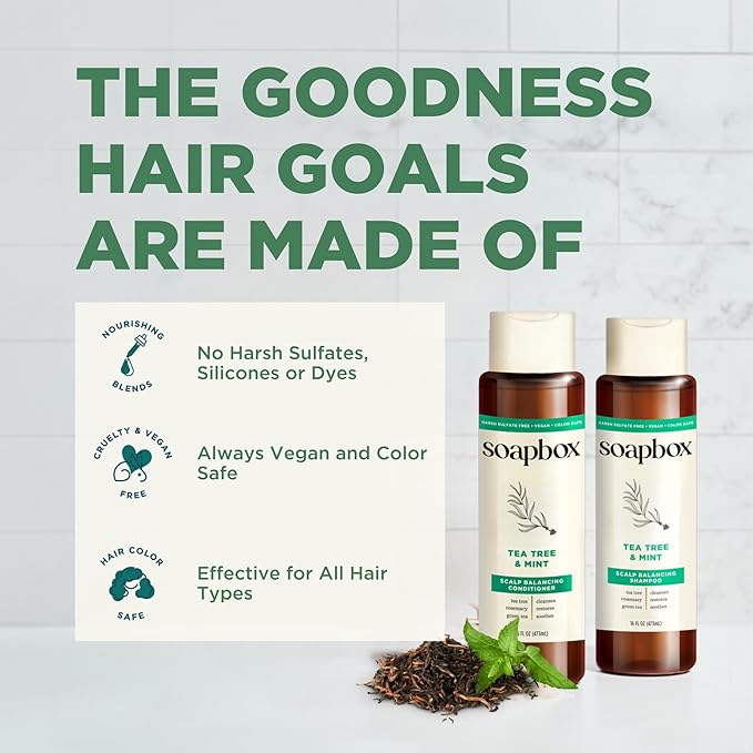 Soapbox Tea Tree Shampoo and Conditioner Set, Scalp Balancing with Tea Tree Oil, Jojoba Oil, Aloe and Shea Butter to Clean and Purify for All Hair Types, 16 Ounces Each (Pack of 2)