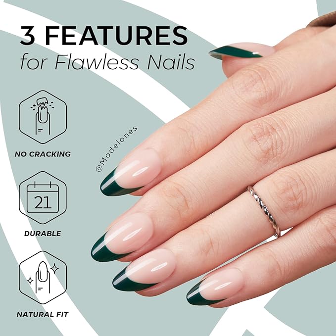 Modelones Green French Tip Press on Nails Almond, Short Almond Fake Nails, Nail Kit with Nail Glue Adhesive Tabs Mini Nail File, Nails Press Ons 32Pcs16 Sizes, Women Girl Gift