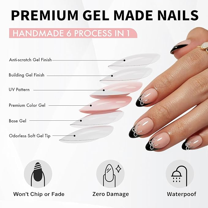 SHANGMENG Black French Tip Press on Nails Short with 3D Bow Design - Soft Gel Almond Fake Nails for Women Gift, Natural Stick on Nails with Glue in 16 Sizes - 32 Reusable Nails, Silver Ribbon