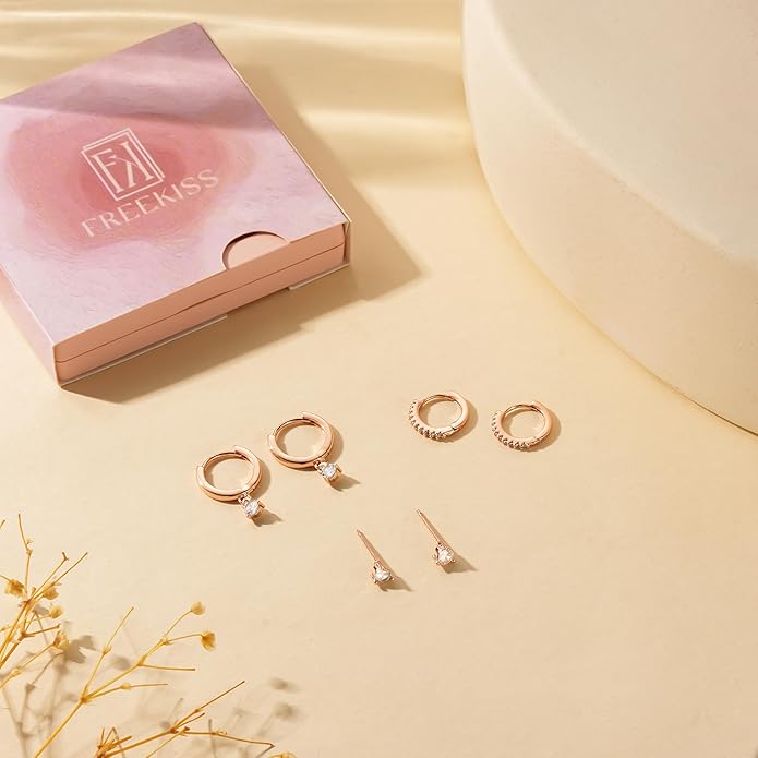 Freekiss 3 Pairs Gold Hoop Earrings Set: Dainty Stud Earrings Trendy Small 14K Gold Plated Hypoallergenic Dangle Cartilage Huggie Hoop Earrings for Women Gold Jewelry for Women Gifts
