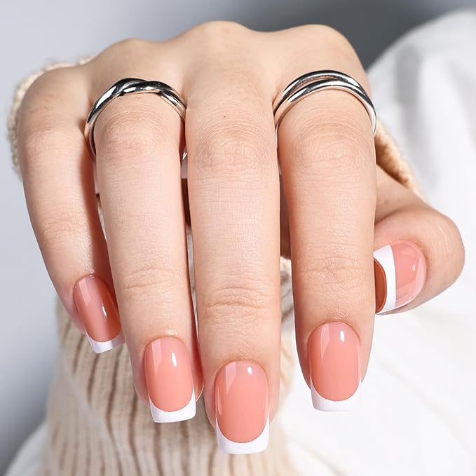 Leefrei French Tip Press On Nails - Short Square Peach-toned Nude Press on Nails Glossy Nails Press Ons for Women DIY Fake Nails Kit with Glue, Reusable Glue on Nails in 16 Sizes - 32pcs, Peach Tip