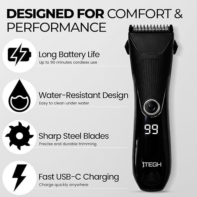TEGH 7-in-1 Men’s Beard & Body Grooming Kit – Cordless Electric Beard, Hair & Body Trimmer for Men, Rechargeable Waterproof Groomer with Adjustable Guards