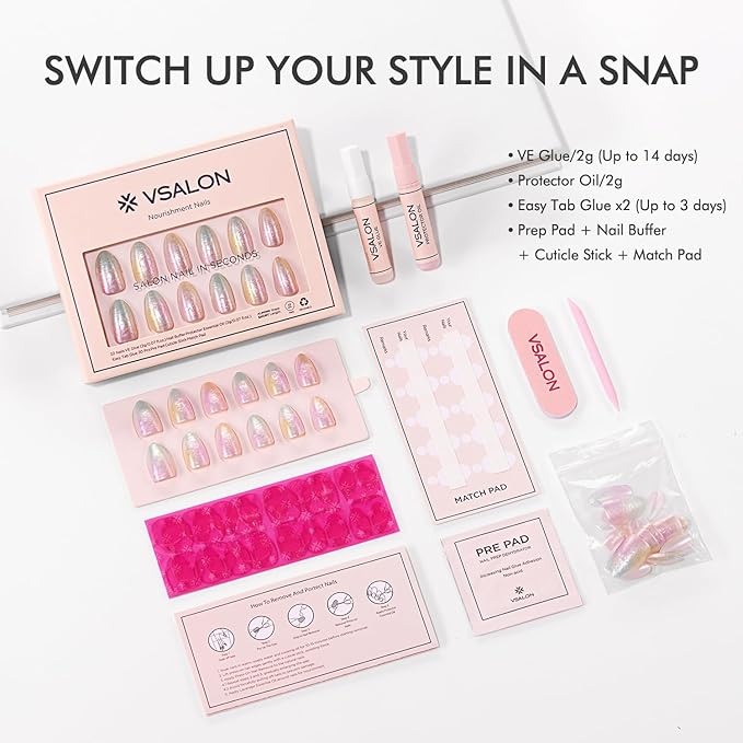 VSALON Press on Nails Medium Almond - Colorful Sfumato Golden Foil Nails Kit for Women, Reusable Opaque Soft Gel Fake Nails with Glue & Cuticle Oil - 32 PCS Glue On Nails in 16 Sizes (Mermaid)
