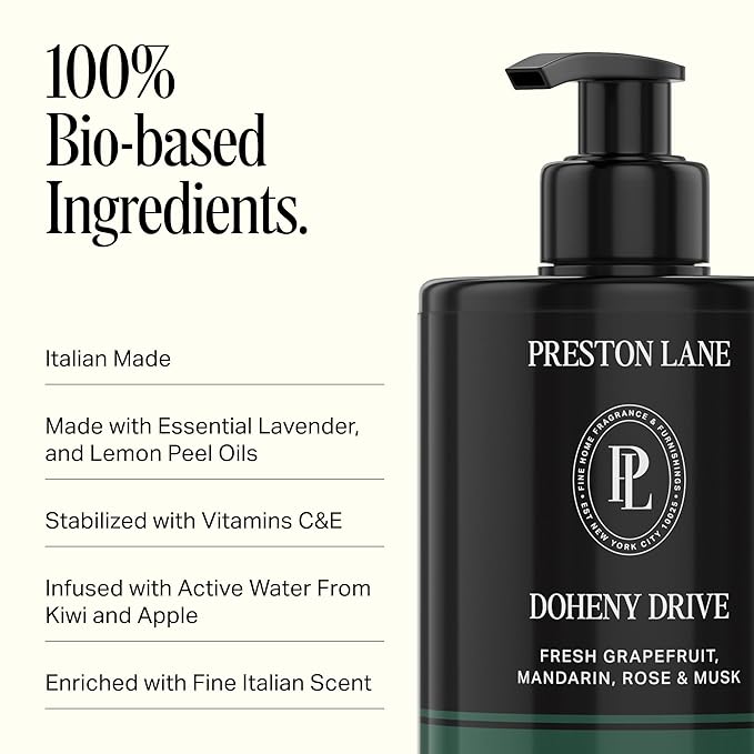 Preston Lane Luxury Hand Cream, Doheny Drive Scent, Made in Italy | Hydrating Formula with Tea Tree, Lavender & Lemon Essential Oils, Hyaluronic Acid, Vitamins C & E, and Kiwi & Apple Water