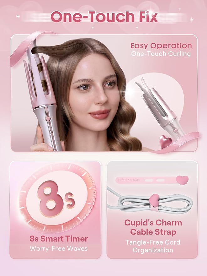SHEGLAM Pink Curling Iron Automatic Gift for Woman (Pink, 1.25 inch) Cupid's Charm One-Touch Instant Curler