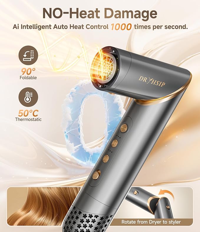 8 in 1 Hair Styler Curler & Air Dryer Brush, 110,000 RPM High-Speed Negative Ionic Foldable Hair Dryer Fast Drying, Multi Professional Hot Air Styler for Curling Volumizing Straightening Styling(Gray)