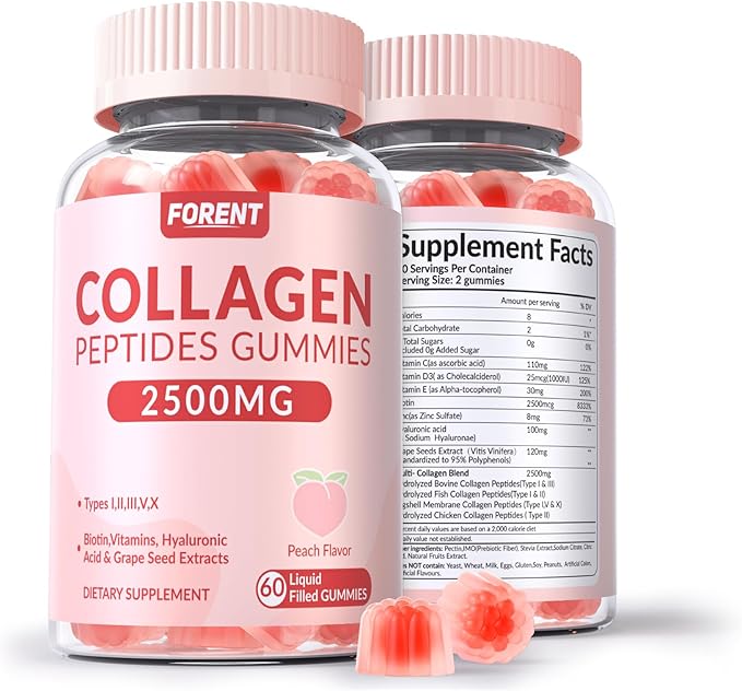 Forent 2500mg Collagen Gummies for Women & Men with Biotin, Vitamin D3, Hyaluronic Acid | Supports Skin Hair Nails & Joints, Sugar-Less Colageno Hidrolizado for Women, 60 Servings Peach Flavor