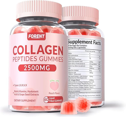 Forent 2500mg Collagen Gummies for Women & Men with Biotin, Vitamin D3, Hyaluronic Acid | Supports Skin Hair Nails & Joints, Sugar-Less Colageno Hidrolizado for Women, 60 Servings Peach Flavor