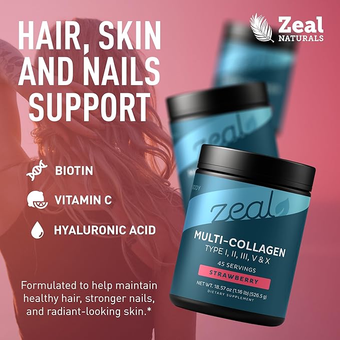 Premium Multi Collagen Peptides Powder (1, 2, 3, 5 & 10) with Protein. Vitamin C, Biotin, Hyaluronic Acid, for Hair Skin and Nails - Marine, Bovine, Chicken & Eggshell (Strawberry, 45 Servings)
