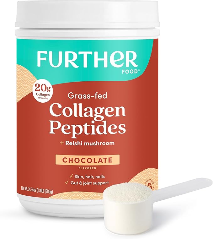 Further Food Chocolate Collagen Peptides Powder, Grass-Fed Pasture-Raised Hydrolyzed Type 1 & 3 Protein, Gut Health + Joint, Hair, Skin, Nails, Paleo Keto Sugar-Free 24.34 oz