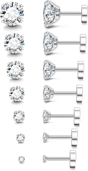 Fansilver 20G Hypoallergenic Flat Back Earrings for Women Men Silver 14K Gold Stainless Steel Stud Earrings Brithstone Cubic Zirconia Studs Surgical Steel Cartilage Earrings for Sensitive Ears