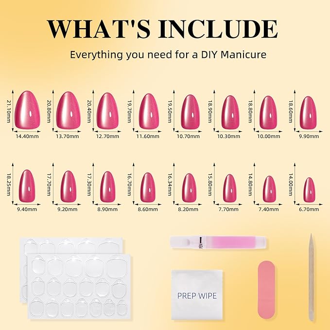Leefrei Cat Eye Press On Nails - Glazed Candy Pink Press On Nails Short Almond Nails Press Ons for Women Fake Nails with Glue, Glossy Reusable Glue on Nail in 16 Sizes - 32pcs, Pink Stardust