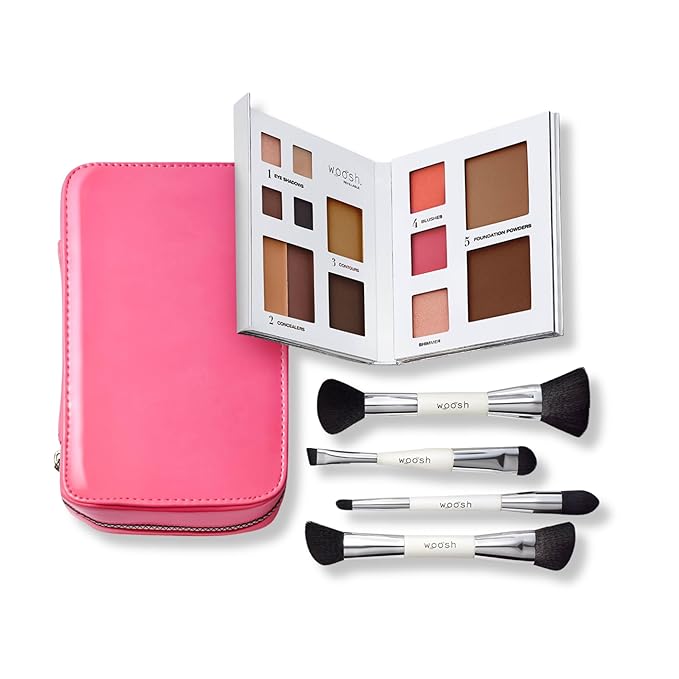Woosh Beauty, Jetsetter Bundle in #5 Deep, Fold out Face Original, Essential Brush Set, Travel Case in Hot Pink