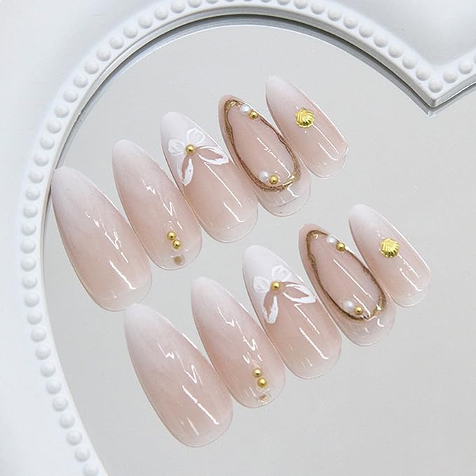 JONKASIPA White Flower Embossed Nail Stickers - Medium Almond Shape Fake Nails Glossy Glue Nail Stickers 3D Gold Line Acrylic Nails French Fingertip Adhesive Fake Nails, DIY Set 24 Pcs