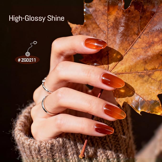 OpenLive 10ml Fall Jelly Nail Polish Set 6 Colors Gold Maple Leaf Pumpkin Yellow Burnt Orange Art Nail Polish Quick Dry for Women Girls Gift