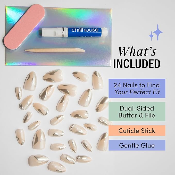 Chillhouse - Chill Tips, Press on Nails Kit - Tipsy Tinsel (Almond) - 30 Nail Shapes & Sizes - Up to 2 Weeks of Wear - Customizable Fit - Reusable - Latina Founded & Women Owned - Beauty & Self Care