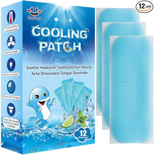 EASYEAH 12 Sheets Cooling Patches for Fever Discomfort & Pain Relief, Cooling Relief Fever Reducer, Soothe Headache Pain, Pack of 12