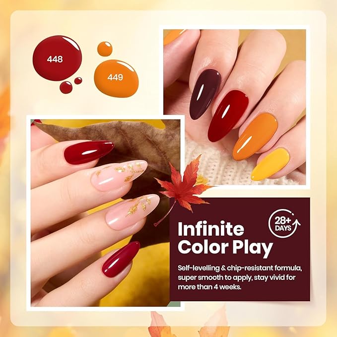 Beetles Fall Gel Nail Polish Set 6 Colors Gel Polish Red Orange Brown Gold Glitter Kit DIY Home Nail Art Manicure Kits UV LED Needed Gifts for Women Golden Blessing