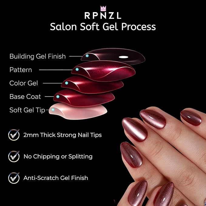 RPNZL Press On Nails - Sorbet | Almond Cat Eye UV Finish Almond Nails, Salon Quality | 32 Nails, 16 Sizes Kit with Glue and Adhesive Tabs I Female Founded