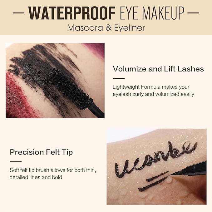 UCANBE Burgundy Mascara and Liquid Eyeliner Set, Waterproof Berry Red Colored Eye Makeup Duo - Enhance Your Gaze with Natural Lasting Lift & Curl for Lashes and Pigmented Smudge-Proof Eye Liner