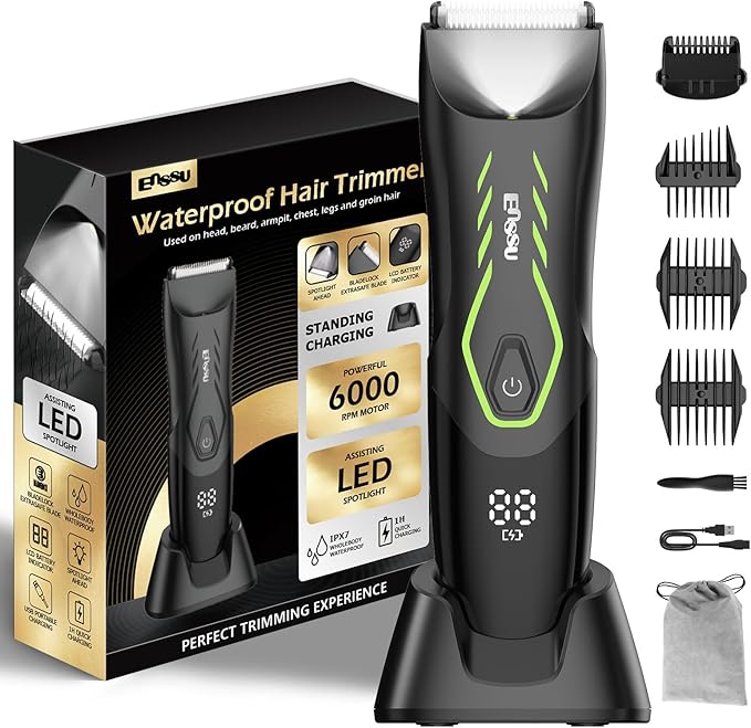 ENSSU Manscape Body Hair Trimmer for Men, Pubic Groin Hair Trimmer for Men with Safe Blade, Cordless Ball Shaver w/Light, Charging Dock, Waterproof Body Groomer Man, LED Display, 1H Charge,Green