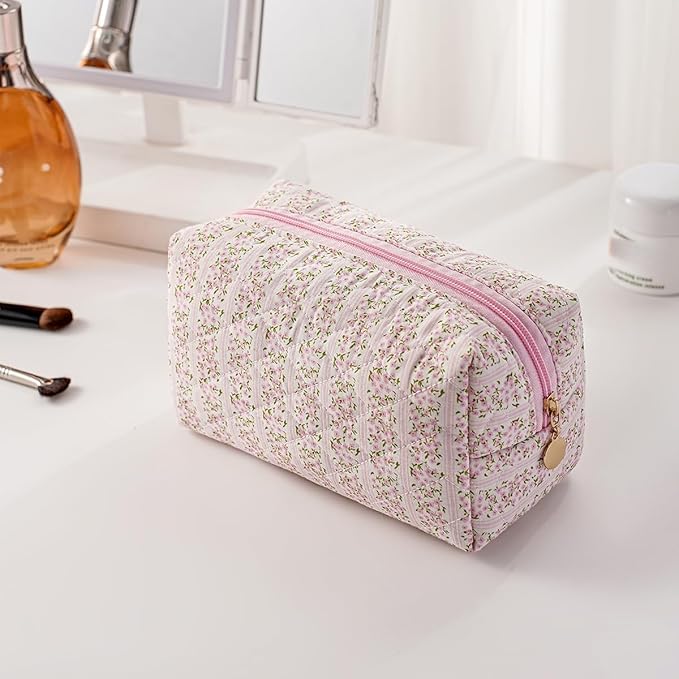 Cute Floral Makeup Bag Small Cotton Quilted Cosmetic Bag, Aesthetic Essential Bag Emergency Bag Gift for Women Girls Travel Accessories (Pink Floral)