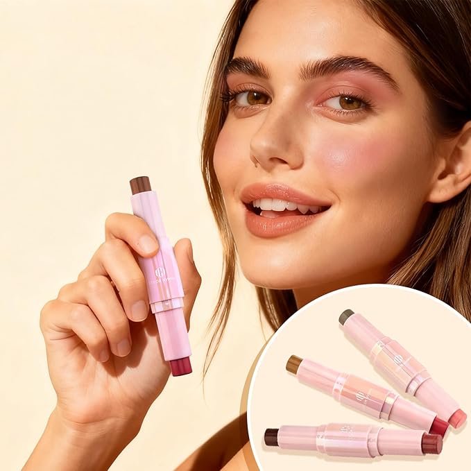 Color Nymph Blush Contour Stick, Double-end Cream Blush & Contour Makeup Stick Multiuse Blusher with Butter Bronzer For Cheeks Eyes Lip Matte Texture Silky-Smooth - 04# Coffee Cherry