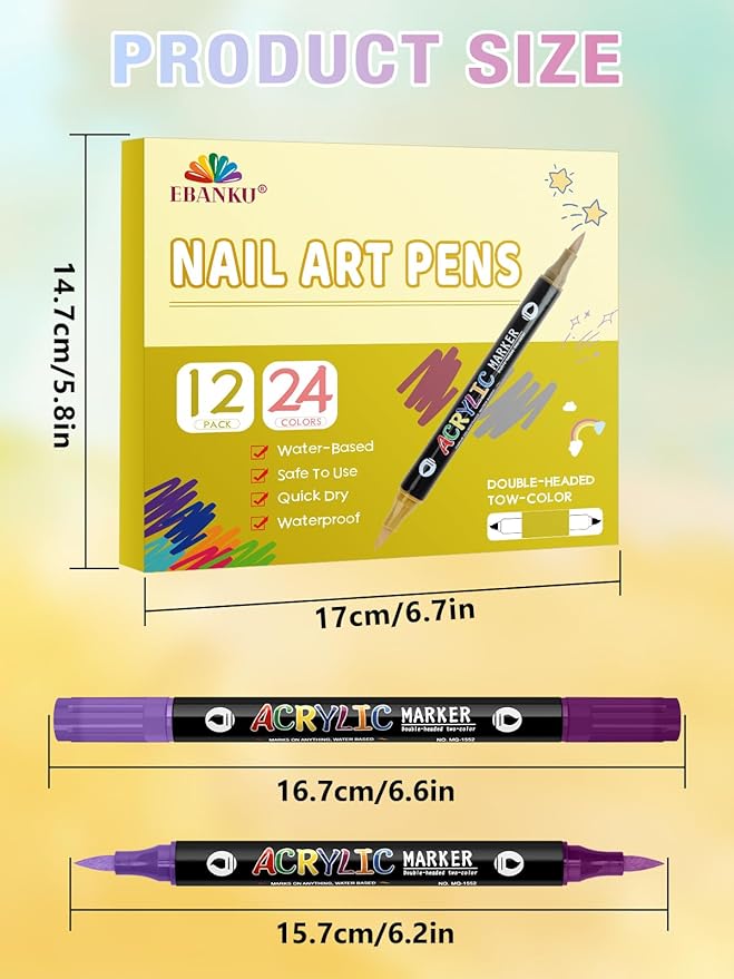 EBANKU 24 Color Nail Art Pens Set 3D Acrylic Paint Nail Art Quick-Drying Nail Point Dotting Liner Pen Sets for Home & Salon Nail DIY, 12 Count Double Headed Nail Pens