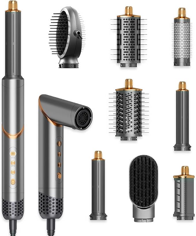 8 in 1 Hair Styler Curler & Air Dryer Brush, High-Speed Negative Ionic Foldable Hair Dryer Fast Drying, Multi Professional Hot Air Styler for Curling Volumizing Straightening Styling(Grey)