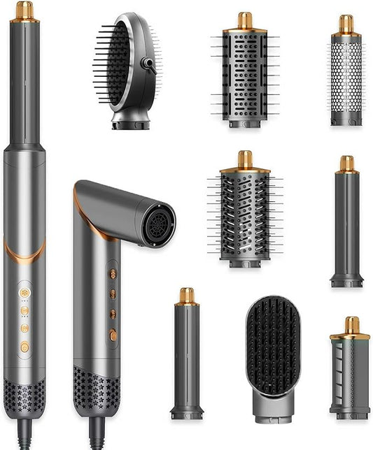 8 in 1 Hair Styler Curler & Air Dryer Brush, High-Speed Negative Ionic Foldable Hair Dryer Fast Drying, Multi Professional Hot Air Styler for Curling Volumizing Straightening Styling(Grey)