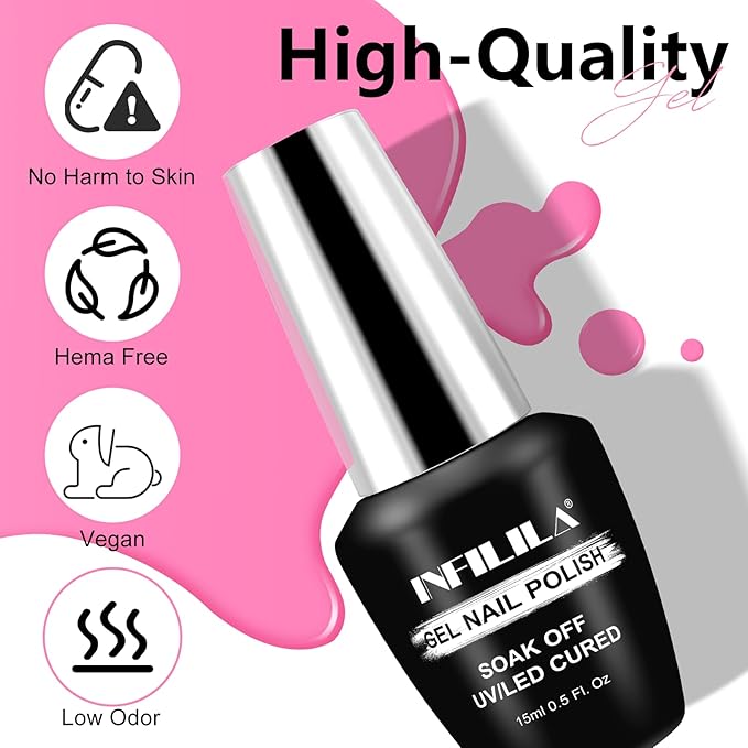 NXJ INFILILA Bright Pink Gel Nail Polish, 15ml 0.51oz Pastel Pink Gel Nail Polish One-Stroke Coloring, Hema Free Long Lasting High Gloss Soak Off Manicure Salon DIY for Girls SX0072