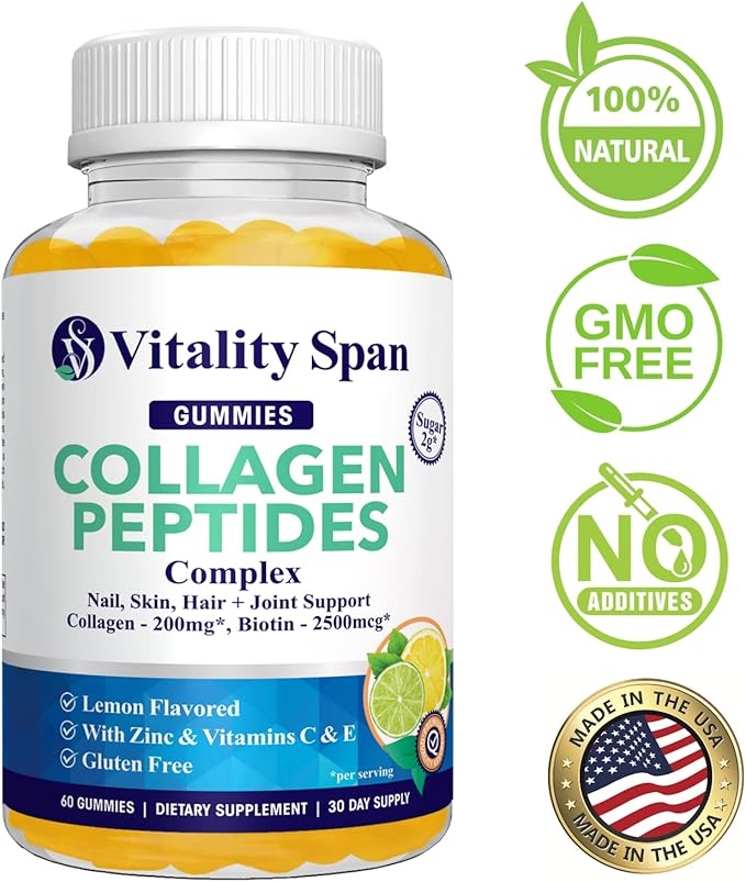 Vitality Span Collagen Gummies with Biotin 2500mcg + Vitamin C, E & Zinc – Hair Skin Nails Support – Low Sugar Delicious Lemon Flavor – No Stick – 60 Gummies – Made in USA