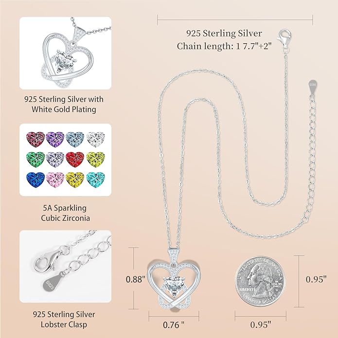 Yuelove Infinity Necklace for Women, 925 Sterling Silver Heart Necklace with 5A Zircon, White Gold Plated Adjustable Chain, Gift for Valentine's Day, Birthday, Anniversary for Wife, Girlfriend, Mom