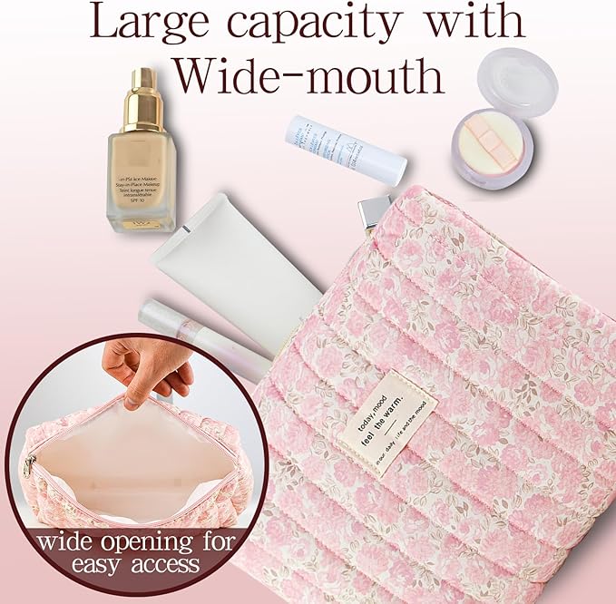 3Pcs Quilted Makeup Bag for Women, Large Travel Makeup Bag Set, Cute Aesthetic Cosmetic Bags, Floral Cotton Makeup Pouch Coquette Toiletry Organizer Bag