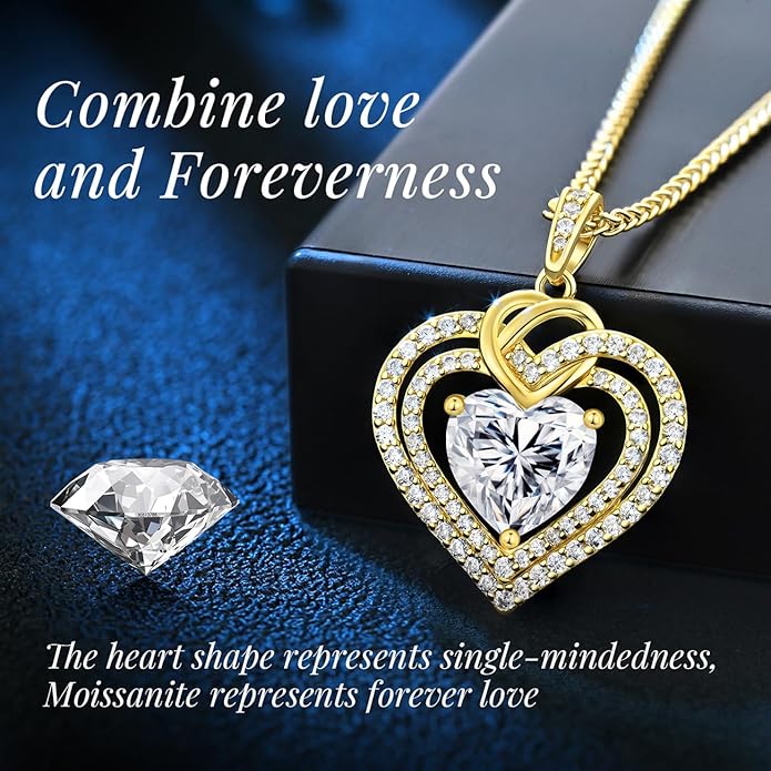 OOBEE Moissanite Heart Necklaces for Women, 1- 4 Carat Moissanite 925 Sterling Silver Gold Plating Fine Women Necklace，Ideal Anniversary Birthday Christmas Valentine Mothers Day Jewelry Gifts for Mom Wife Her Girlfriend