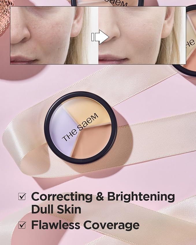 THESAEM Cover Perfection Triple Pot Concealer - 04 Tone Up Beige for Brightening & Vitality - 3-Color Multi Concealer Palette for Dull Yellow Tone - Korean Makeup with Sweet Almond Oil & Herbal Water