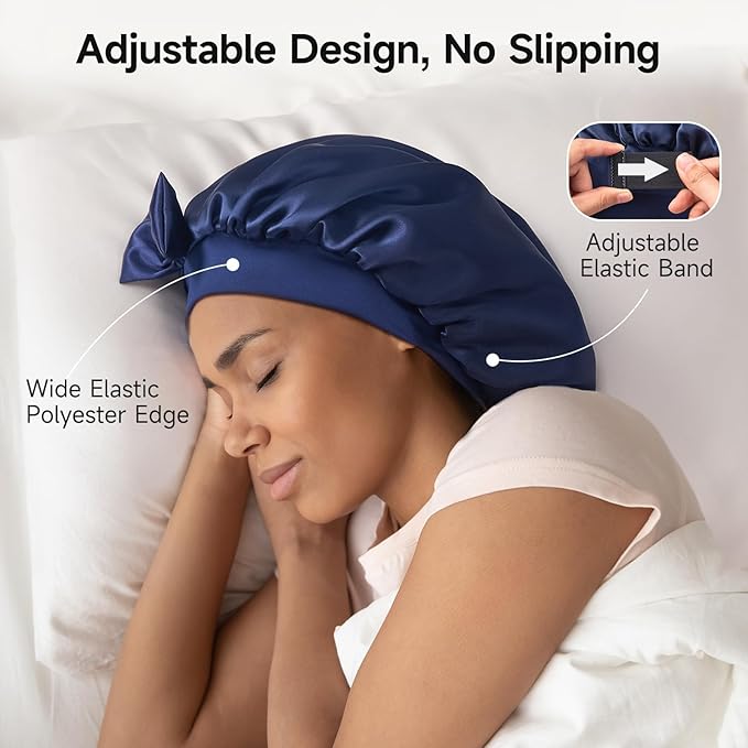 Double-Sided 22 Momme 100% Real Mulberry Silk Bonnet for Sleeping Women, Large Hair Care Bonnet for Long Curly Hair, Double Layer Silk Wrap with Soft Elastic Band, Non-Slip Sleep Cap, Navy Blue