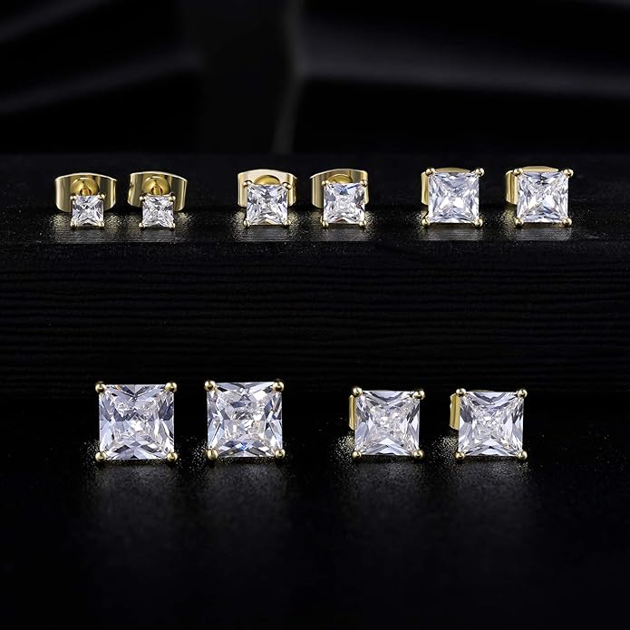 MDFUN 5 Pairs Square Earrings Set for Women Hypoallergenic 18K White Gold/Yellow Gold/Rose Gold Plated Princess Cut Clear Cubic Zirconia Stud Earring 3-7MM Pack of 5