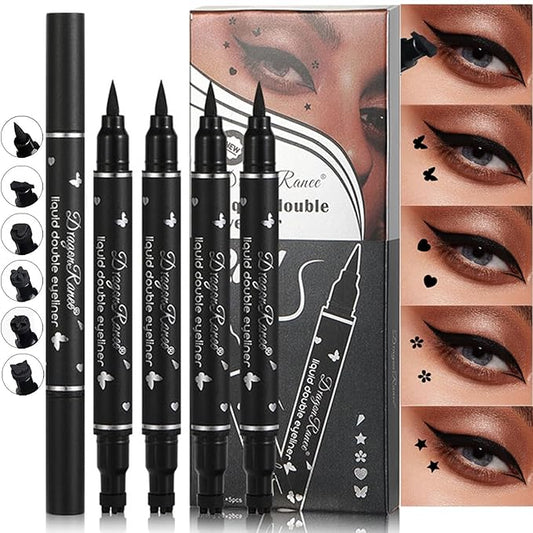 5 Pcs Black Liquid Eyeliner Set with Stamps and High Pigmented Long Lasting Double Head Eyeliners for Beginner Gift