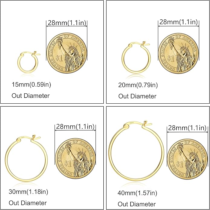Hayoso 18K Gold Plated Hoop Earrings - 925 Sterling Silver Hoop Earrings Womens Hypoallergenic Hoops | Square Tube Hoop Earrings for Women 15mm/20mm/30mm/40mm