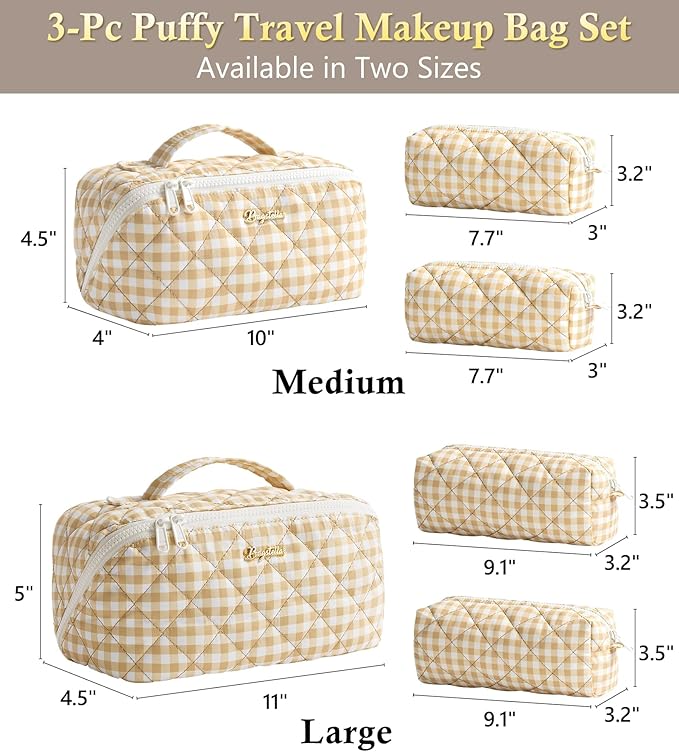 Travel Makeup Bag, 3 Pcs Large Capacity Puffy Toiletry Bag for Women, Open Flat Make up Cosmetic Organizer w/Handle & Clear Divider Water-resistant Portable Pouch Travel Essentials, L-Beige Plaid