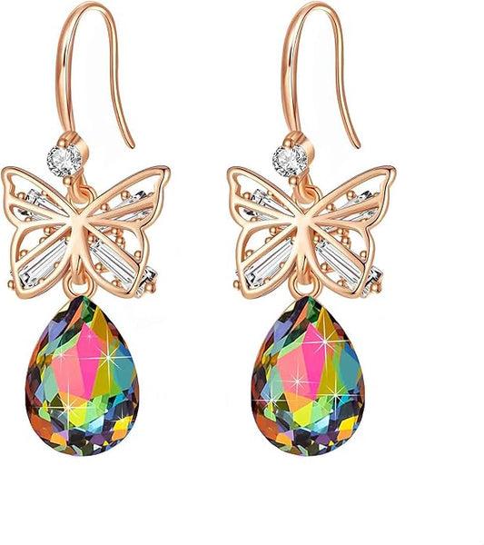 Austrian Crystal Teardrop Butterfly Drop Dangle Earrings for Women 14K Rose Gold Plated Hypoallergenic Jewelry