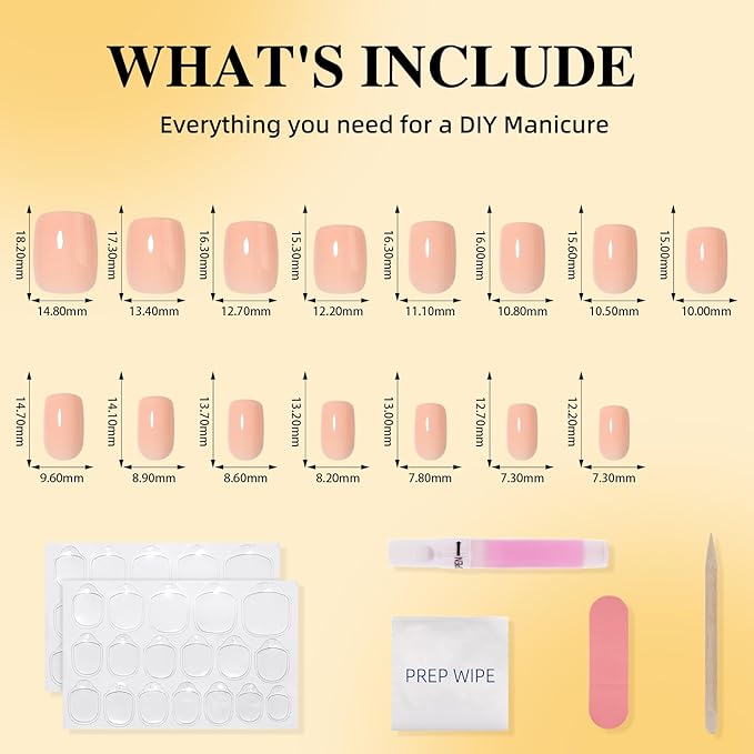 Leefrei Press on Nails Short - Square Nails Press ons for Women, Reusable Glossy Nude Pink Glue On Nails 30 Pcs 15 Sizes Fake Nails Kit with Glue, Soft Blush
