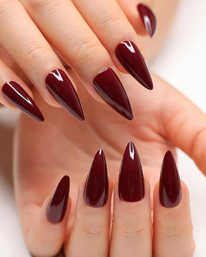 morily 24Pcs Wine Red Press on Nails Medium Length Stiletto False Nails Long Fake nails Glossy Acrylic Stick on Nails Solid Color Almond Full Cover Artificial Nails for Women (Wine Red)